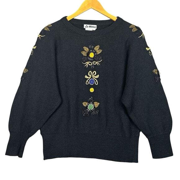 VTG  80s La Mittini Wool Angora Sweater L Black Floral Embroidered Beaded Retro - Picture 1 of 13